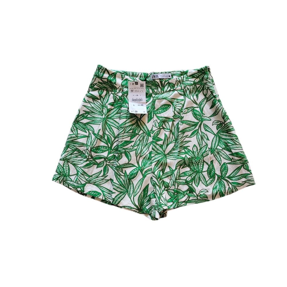 44. NWT Zara Green & Cream Printed Linen Blend Shorts Size Med